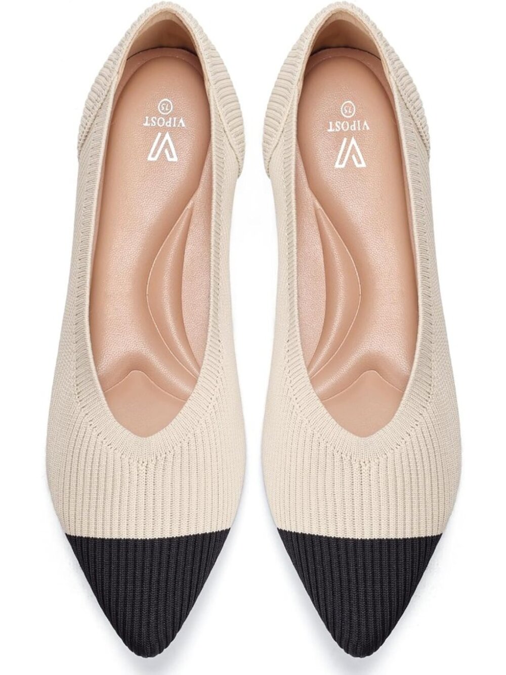 Women's Beige Black Pointed Toe Comfort Foldable Slip On Knit Ballet Flat Shoes